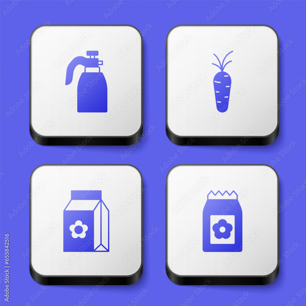 Set Garden sprayer for water, Carrot, Pack full of seeds and icon. White square button. Vector Set Garden sprayer for water, Carrot, Pack full of seeds and icon. White square button. Vector