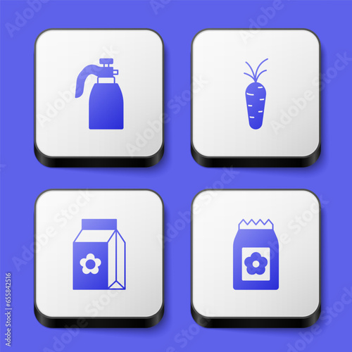 Set Garden sprayer for water, Carrot, Pack full of seeds and icon. White square button. Vector