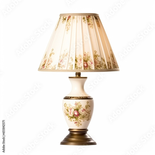 Vintage country style antique table lamp with a beautiful lampshade design isolated on white background, interior design and cottage home decor, post-processed, generative ai