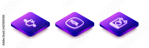 Set Isometric line Calorie calculator, Kcal and Diet plan icon. Vector