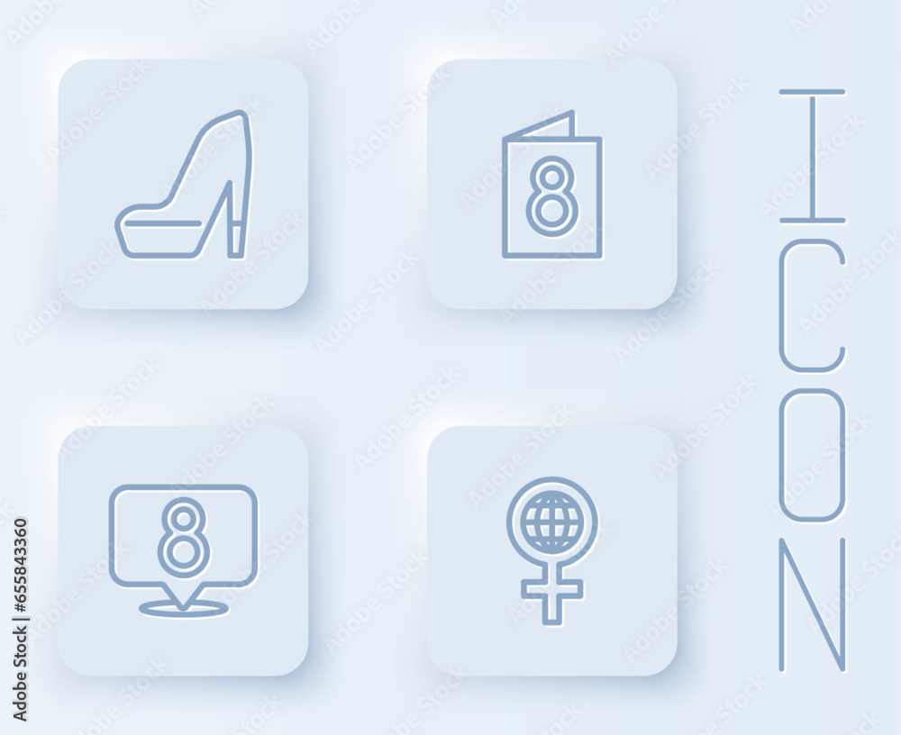 Set line Woman shoe, Greeting card with 8 March, and International Women Day. White square button. Vector Set line Woman shoe, Greeting card with 8 March, and International Women Day. White square button. Vector