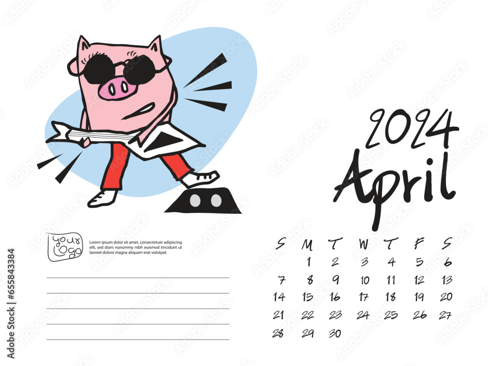 Calendar 2024 design template with Cute Pig vector illustration,April