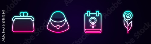 Set line Handbag, Calendar with 8 March and Flower. Glowing neon icon. Vector