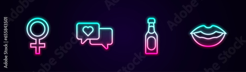 Set line Female gender symbol, Heart in speech bubble, Champagne bottle and Smiling lips. Glowing neon icon. Vector