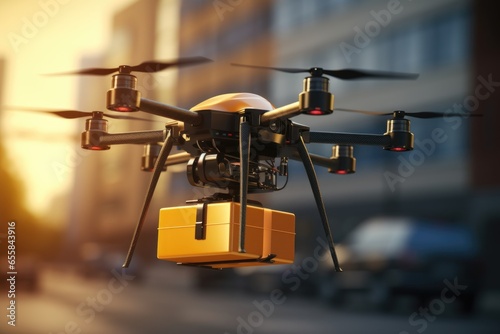 Cargo Drone, Cargo. Drone carrying precious cargo in city.