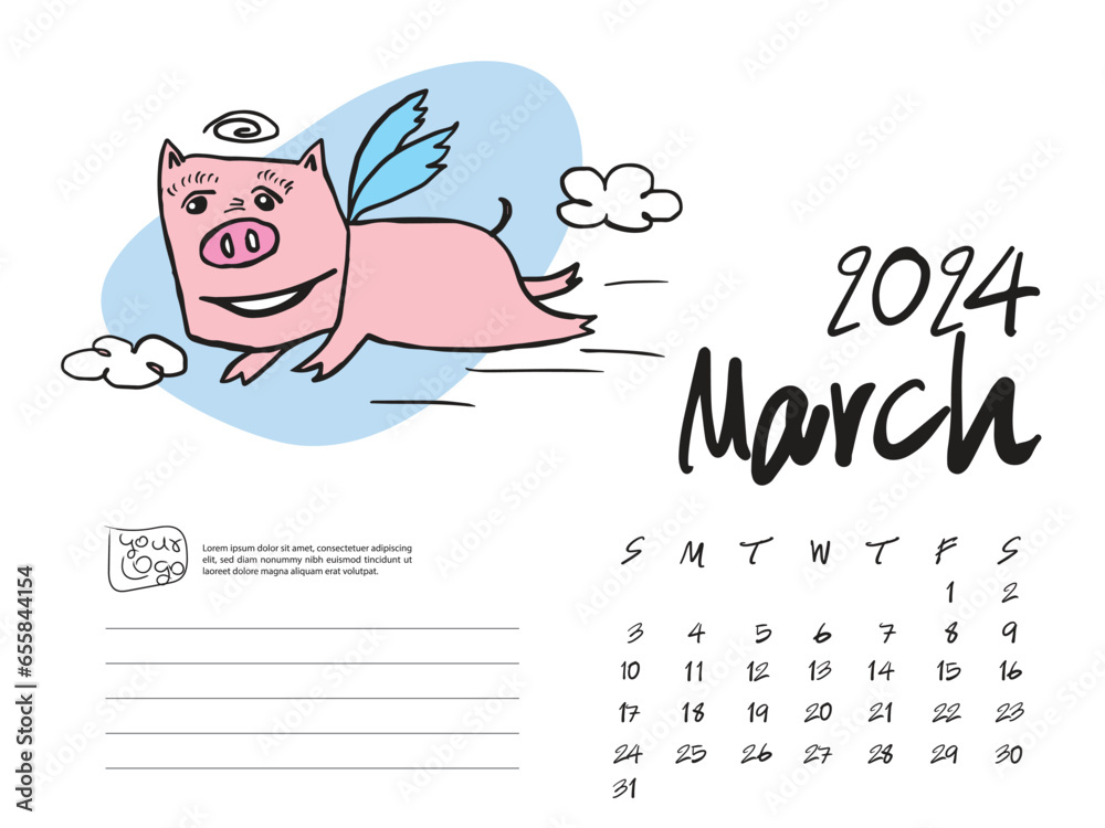 Calendar 2024 design template with Cute Pig vector illustration, March 2024, Lettering, Desk calendar 2024 layout, planner, wall calendar template, pig cartoon character, holiday event