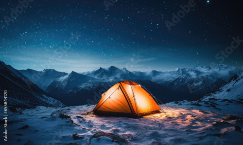 Breathtaking winter landscape with a tent on a snow-covered peak under a starry sky.
