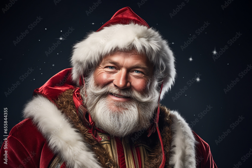 A picture of santa claus wearing a modern red jacket, christmas photo