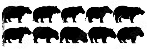 Hippopotamus africa silhouettes set, large pack of vector silhouette design, isolated white background