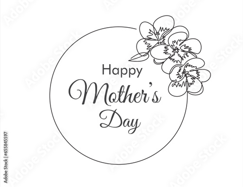 Continuous line drawing of flowers with with inscription: Happy Mothers Day. Mothers Day concept.