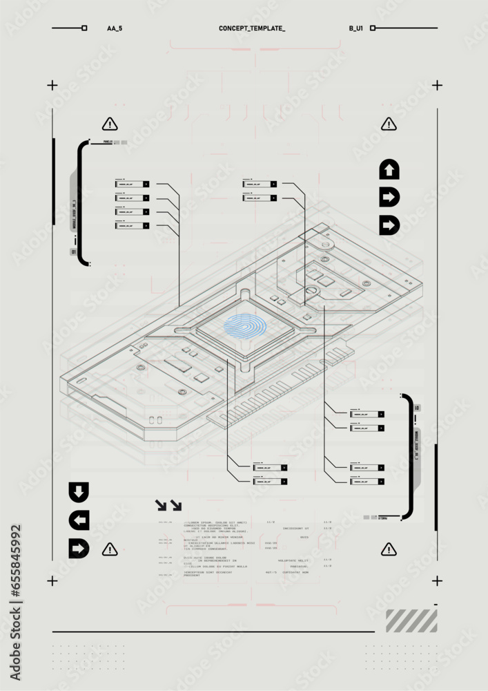 Cyberpunk retro futuristic poster. Abstract cosmic shapes. Digital design elements hud style. Trendy shapes in cyberpunk style. Bar labels,info box bars.
