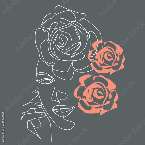 Line Art Woman Face with Flowers Continuous One Line Drawing.