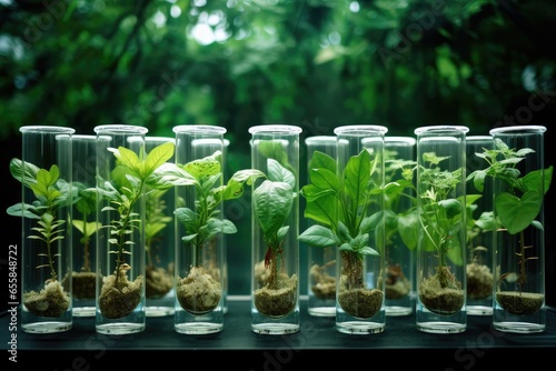 Many green plants in test tubes.