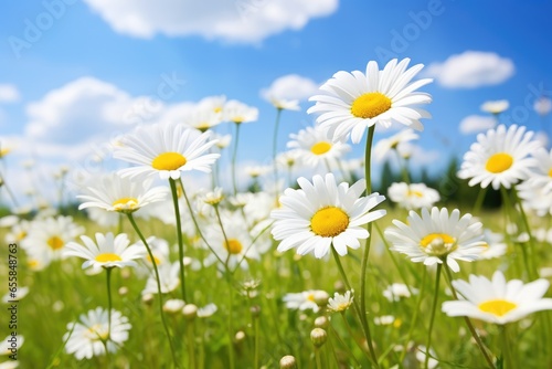 Meadow with lots of white spring daisy flowers.