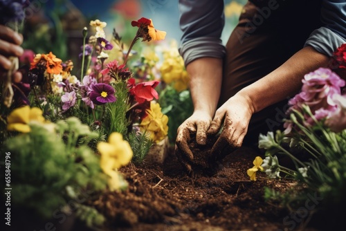 Gardener planting flowers in the ground.