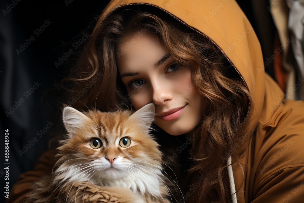 Portrait of a young woman with a cat, generative AI
