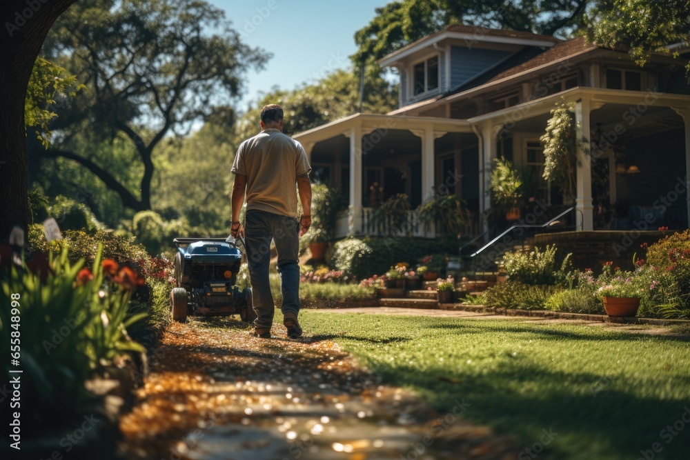 Worker using a manual lawn mower mows grass on near the house