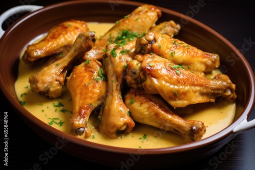 Baked chicken wings and legs in honey mustard sauce.