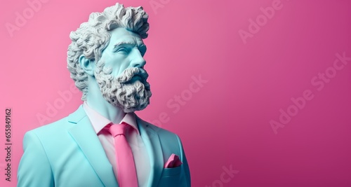 Fashionable ancient Greek male marble statue, suit and tie, with beard. Pastel colors, pink and blue. Minimal humorous concept of art, modern philosophy, democracy, historical fiction. Copy space photo