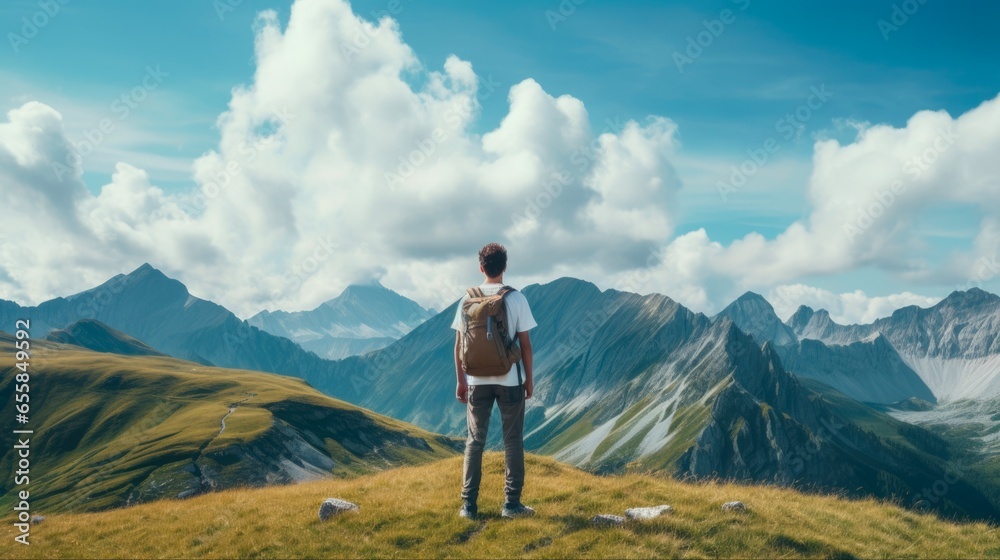 Man Sitting and Admiring the Breathtaking Landscape of Mountains - A Perfect Travel Destination for Backpacking and Adventure Seekers