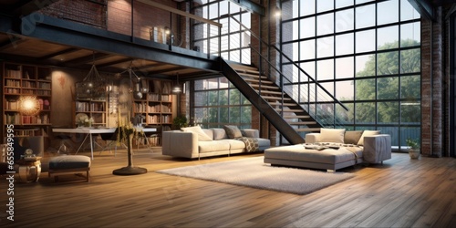 Modern Home Living: Mezzanine View in Industrial Loft with Reconstructed Wood Floor and Luxury Decoration - 3D Interior Rendering photo