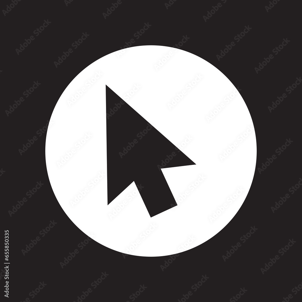 Cursor icon vector. Click arrow logo design. Pointer vector icon illustration in circle isolated on black background Cursor icon vector. Click arrow logo design. Pointer vector icon illustration in circle isolated on black background