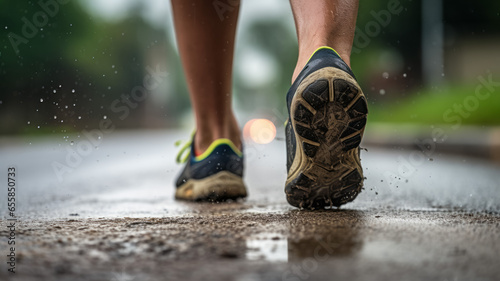 Runner feet running on wet asphalt road
