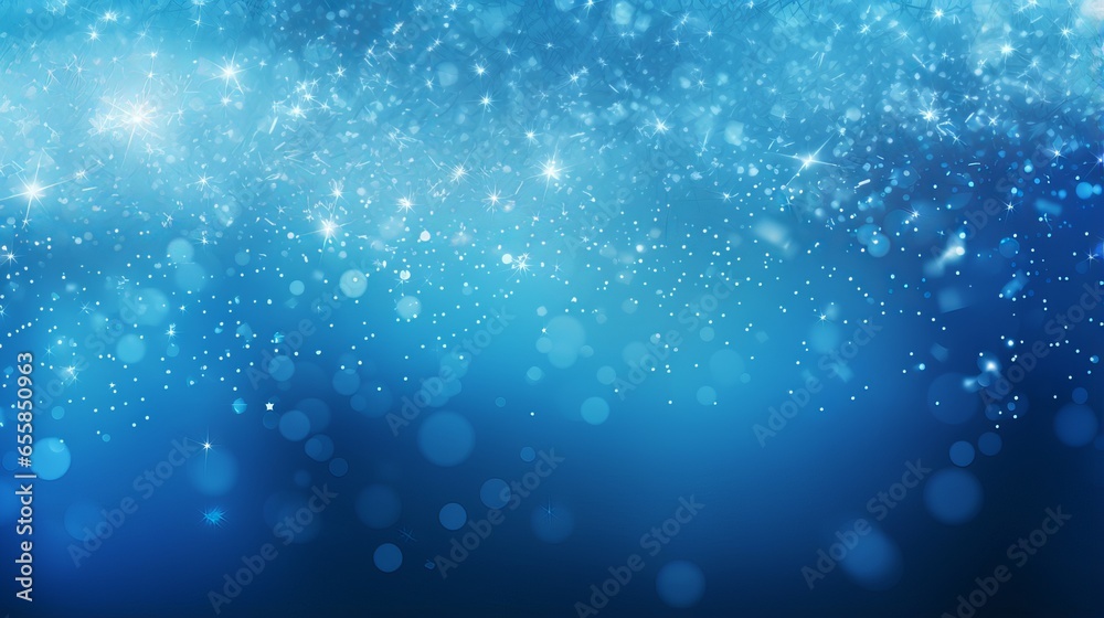 Abstract blue background with snowflakes and stars. Festive winter holiday wallpaper.