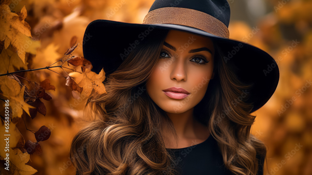 Portrait of a beautiful woman wearing a hat with autumn leaves in background Portrait of a beautiful woman wearing a hat with autumn leaves in background