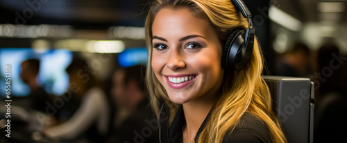 Portrait of a beautiful young woman with headphones in a call center © thodonal