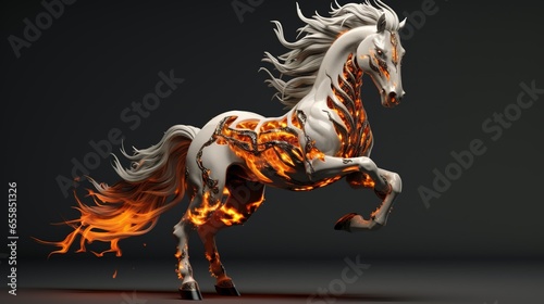 White mustang horse with orange hair covered in orange flames gray background. © LaxmiOwl
