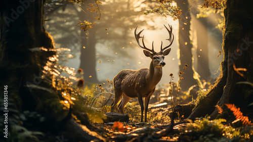 Deer in the forest at sunrise