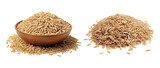 Pile of brown rice, brown rice in a wooden bowl isolated on transparent or white background, png