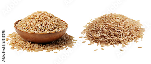 Pile of brown rice, brown rice in a wooden bowl isolated on transparent or white background, png photo