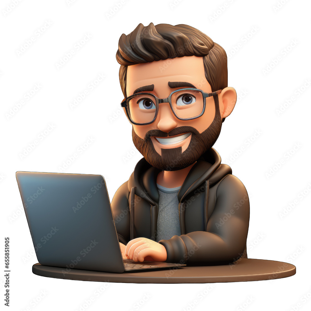 Emoji happy male businessman using a laptop on a transparent background. Freelancer memoji Png Emoji happy male businessman using a laptop on a transparent background. Freelancer memoji Png