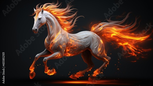 White mustang horse with orange hair covered in orange flames gray background.