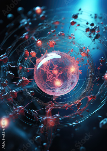 Generative AI, egg, oocyte fertilized by sperm, conception under a microscope, in vitro fertilization, 3D illustration, living cell, abstraction, background, creation of new life, science, embryo