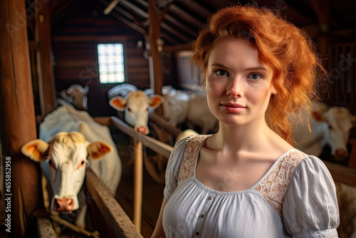 portrait of a beautiful red-haired female milkmaid in a barn surrounded by cows smiling, looking at the camera photo