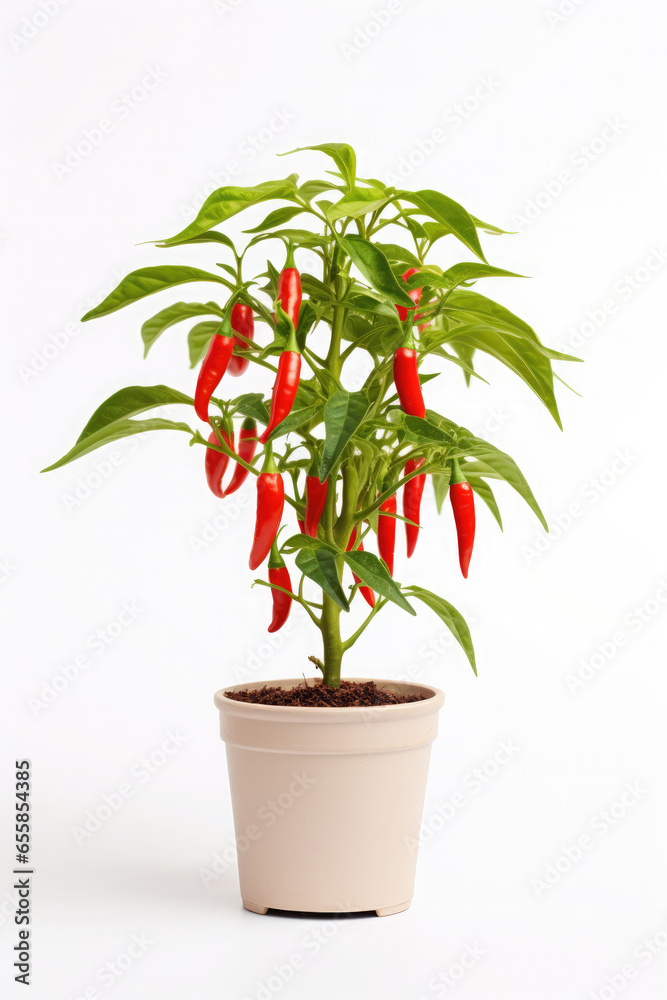 Chili pepper growing in a pot on a white background.
