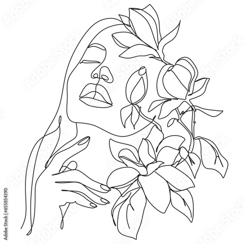 Abstract head with long eyelashes and flowers line vector drawing. Fine One Line Vector Art Drawing.