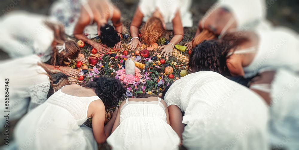 Madala with flowers and fruits, spiritual ceremony of earth. - obrazy, fototapety, plakaty 