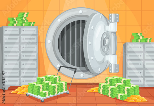 Bank vault inside. Vaults door room with electronic entrance banking storage, cartoon interior safe locker of cash finance wealth money dollar gold bullion neat vector illustration