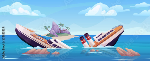 Sinking ship. Maritime ships crash shipwreck accident in ocean, sink sea cruise broken boat crashing storm or collision with rock, marine background ingenious vector illustration