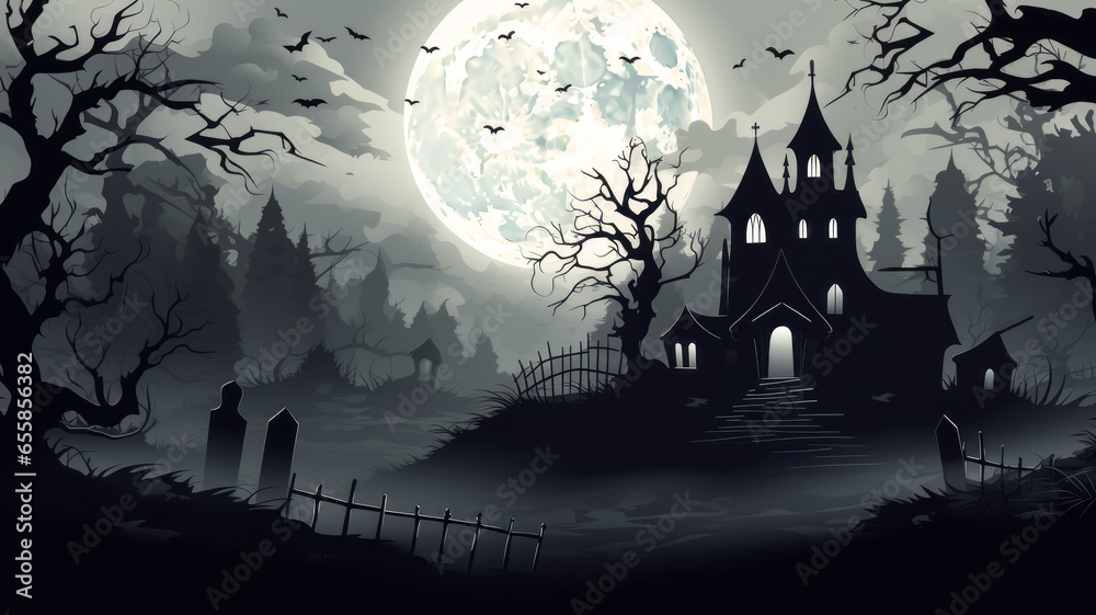 Halloween background with haunted house, cemetery and full moon. Black and white illustration.