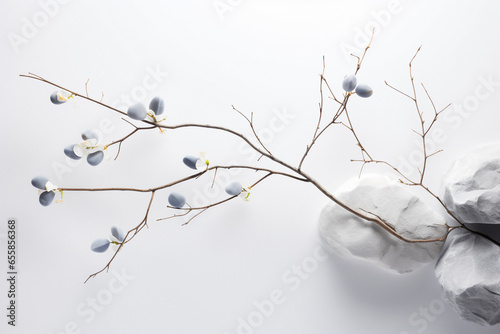 A branch with blue berries and tiny white flowers  resting on a white rocks. Minimalist and clean mood.