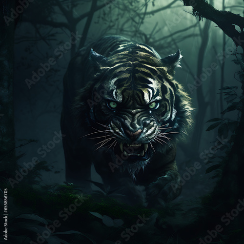 scary tiger in the dark woods, dark