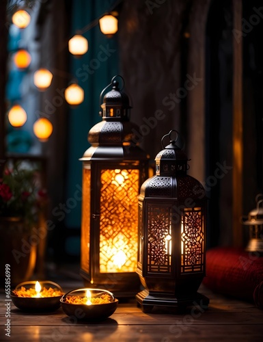 Concept of Ramadan and Eid al-Fitr dates wallpapers with traditional Arabic lantern lamp © Fantasy24