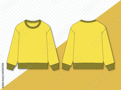 Yellow youth sweatshirt front and back view technical fashion illustration mockup template