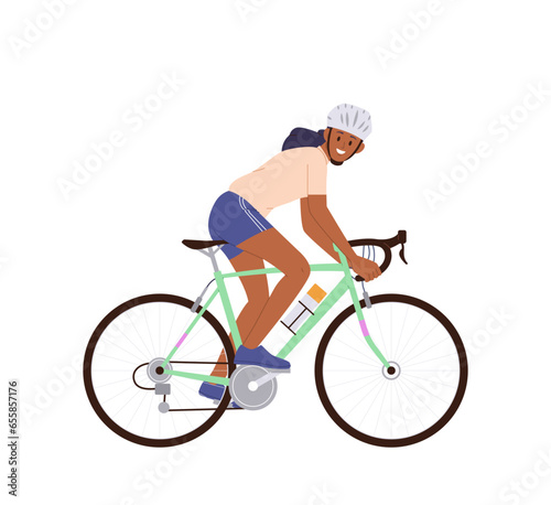 Excited sportive woman cartoon character riding bicycle participating in final sprint finishing race