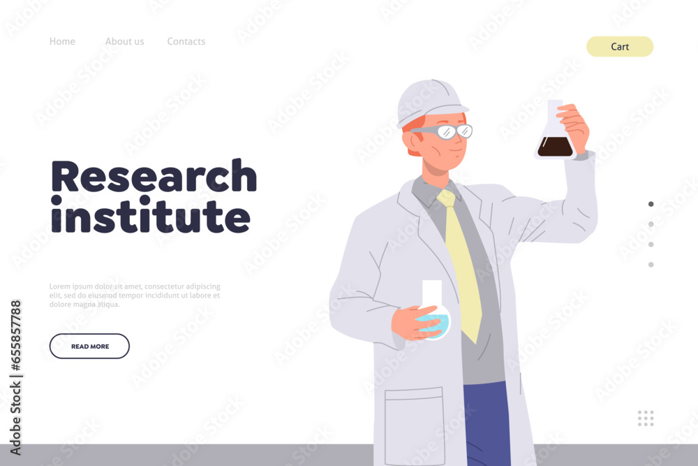 Research institute service advertising landing page design template with excited scientist character Research institute service advertising landing page design template with excited scientist character